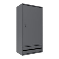 Gray wardrobe with a sleek, minimalistic design and a smooth finish, featuring a single door and two drawers.