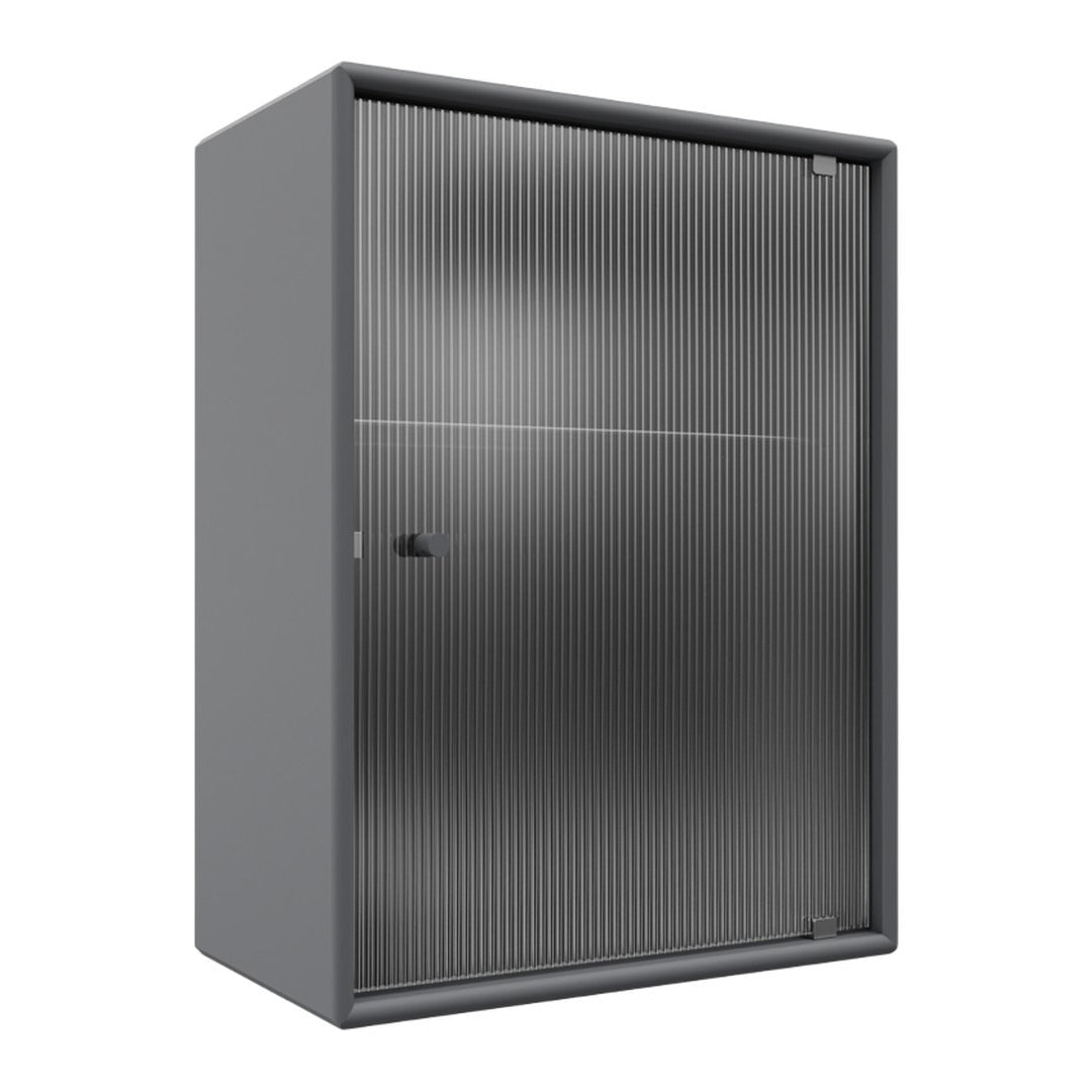 Grey storage cabinet with a sleek, ribbed pattern on the door, showcasing a modern and minimalist design.