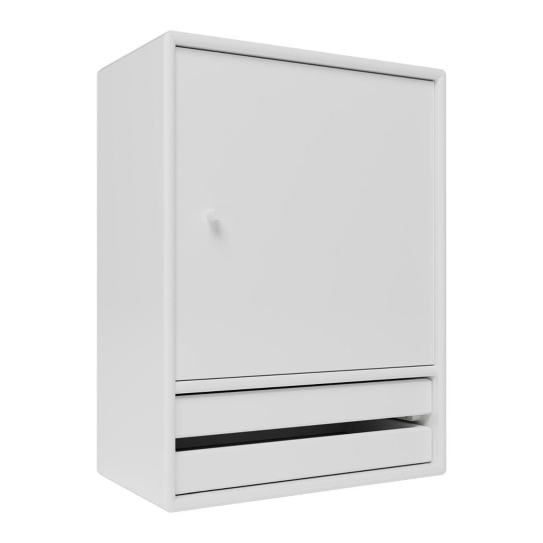 White cabinet with a minimalist design, featuring a smooth finish and a sleek black drawer handle.