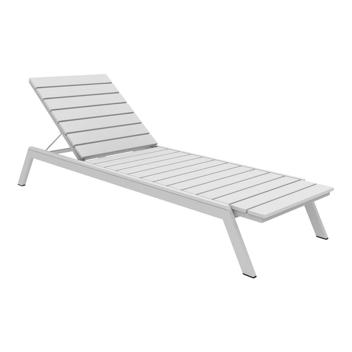 White, slatted outdoor lounge chair with a sleek, modern design, perfect for stylish patio aesthetics.