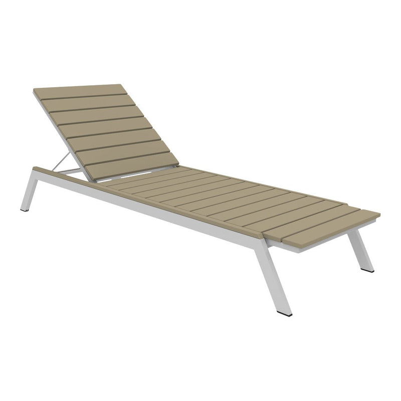 Beige slatted lounge chair with a sleek white frame, perfect for outdoor relaxation.