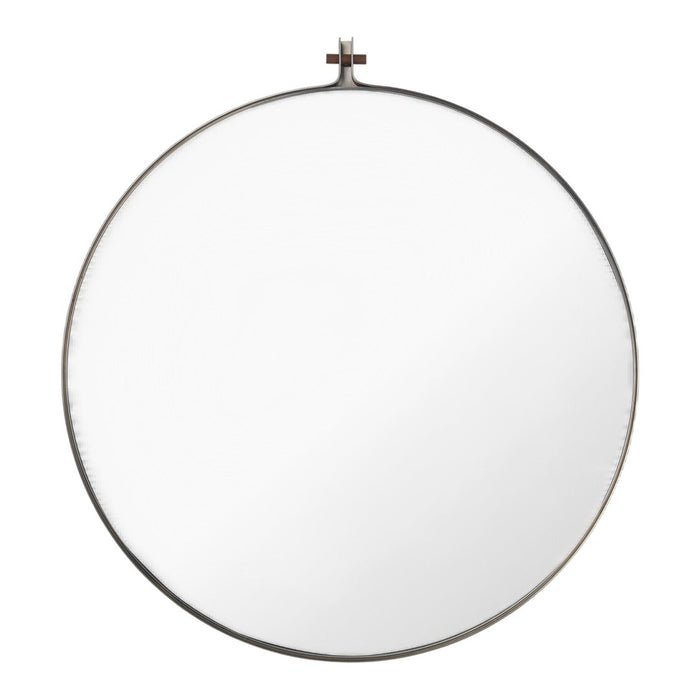 Round mirror with a sleek black metal frame and minimalist design, featuring a clear reflective surface.