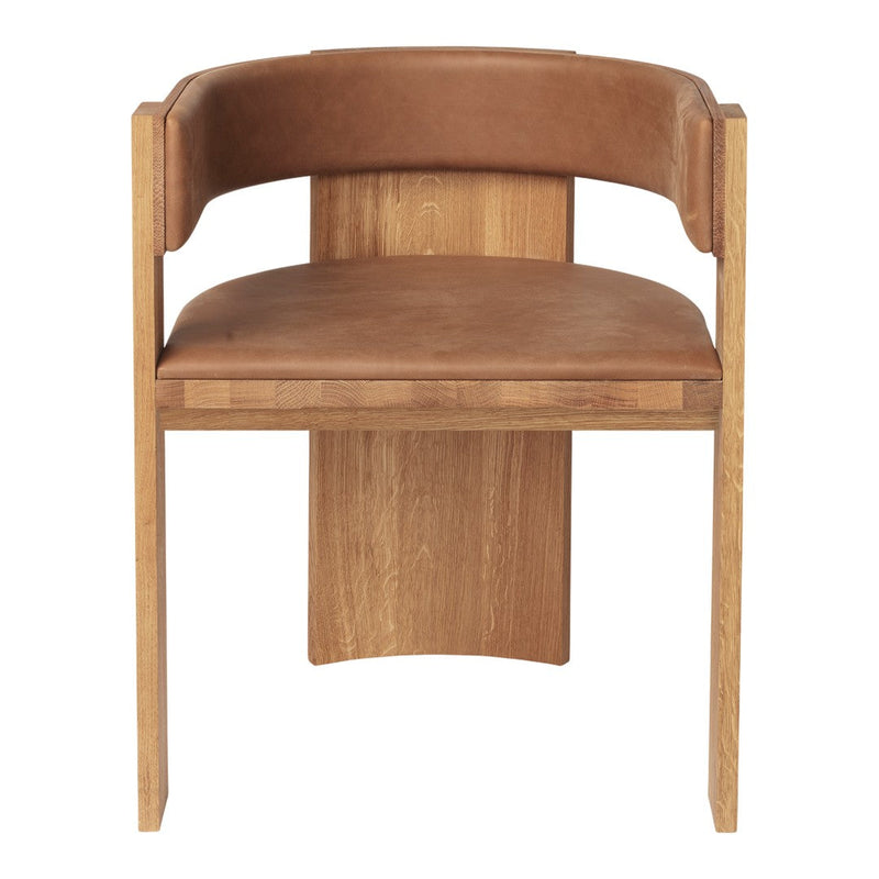 Brown leather chair with a natural wood frame and smooth, minimalist design. Elegant and modern aesthetic.