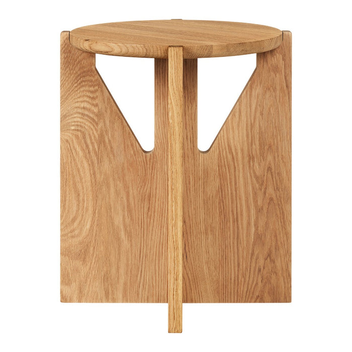 Light oak wood stool with a smooth circular top and unique triangular cutout pattern. Natural finish enhances its grain.