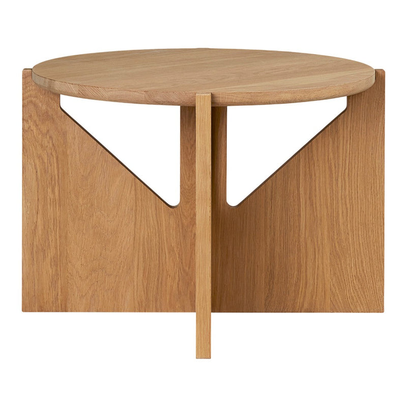 Natural wood finish with a round top and geometric cut-out patterns on the sides, creating a modern, minimalist design.