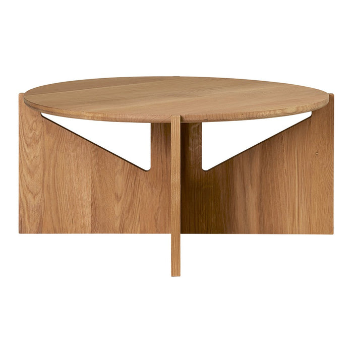 Round wooden coffee table in natural oak finish with minimalistic triangular cutout design.