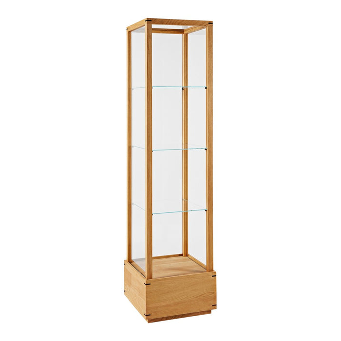 Natural wood display cabinet with clear glass shelves, featuring a sleek, minimalistic design.