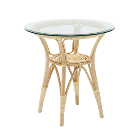 Natural bamboo finish with a round glass top, featuring a woven pattern and elegant, minimalist design.