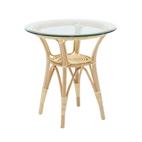 Natural bamboo finish with a round glass top, featuring a woven pattern and elegant, minimalist design.
