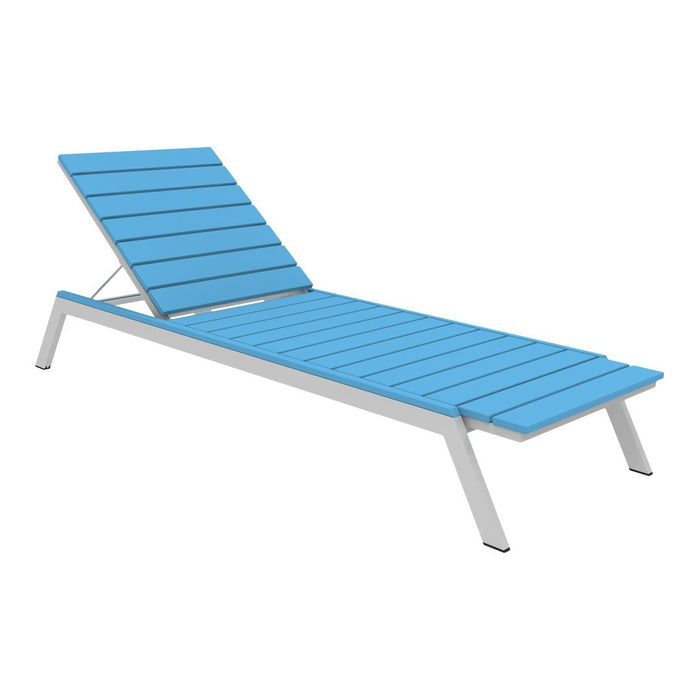 Light blue slatted lounge chair with a sleek silver frame, perfect for outdoor relaxation.