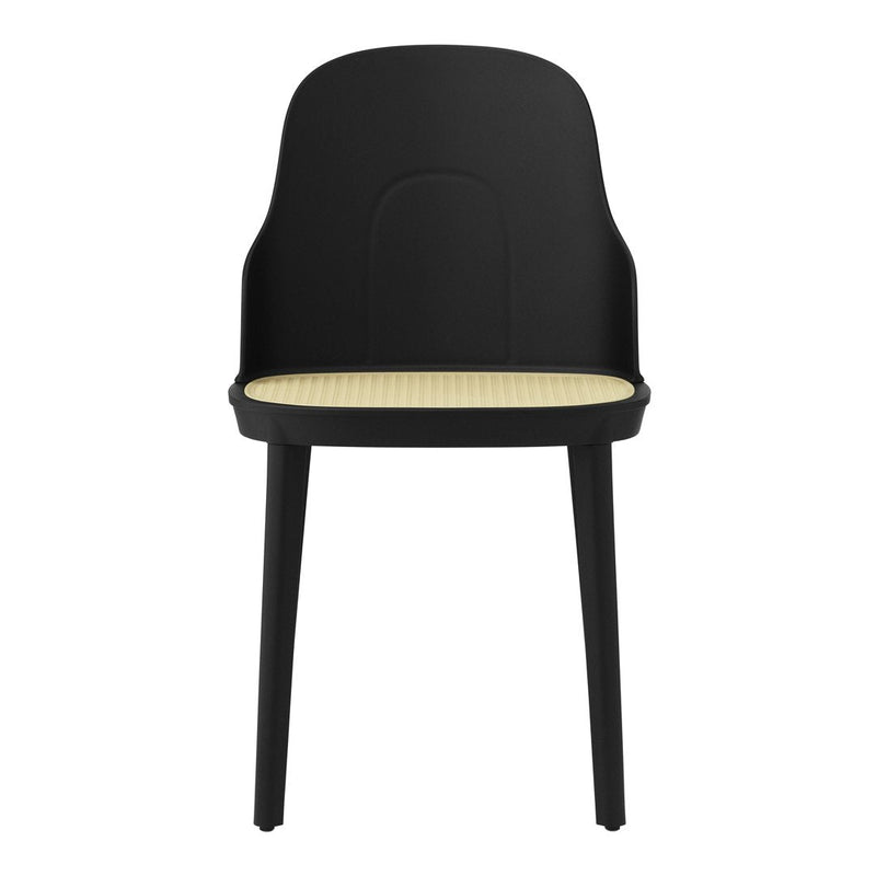 Black chair with a woven beige seat, featuring a smooth, modern design and minimalist aesthetic.