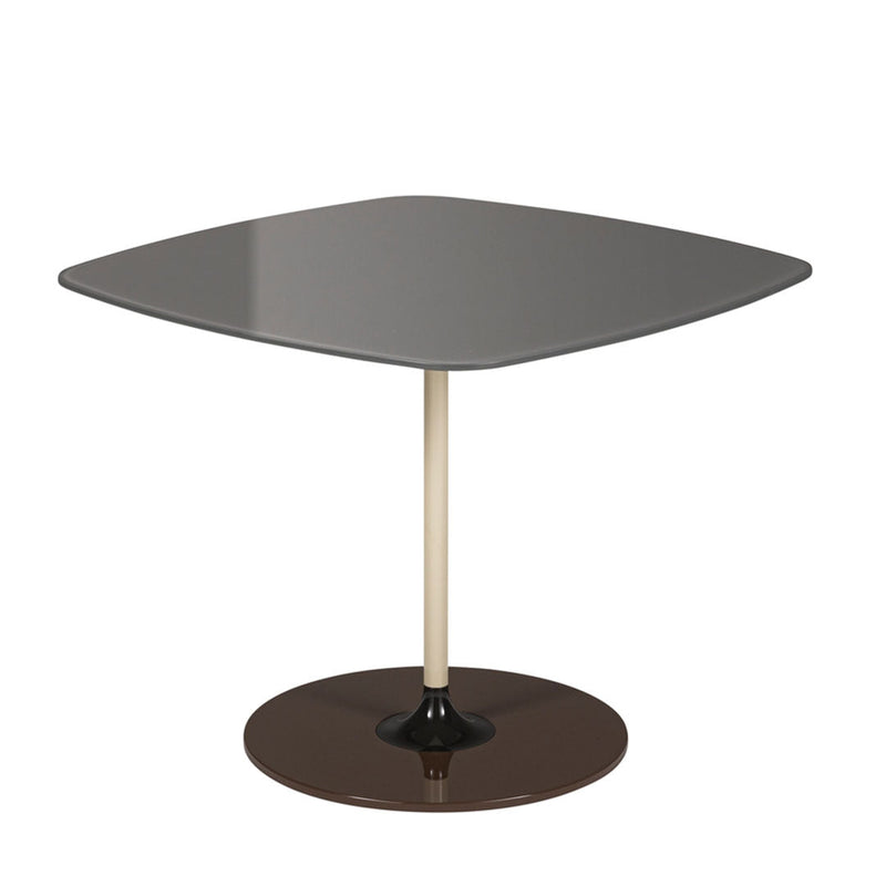 Gray square tabletop with a sleek design, featuring a cream-colored stem and a round brown base. Perfect for modern decor.