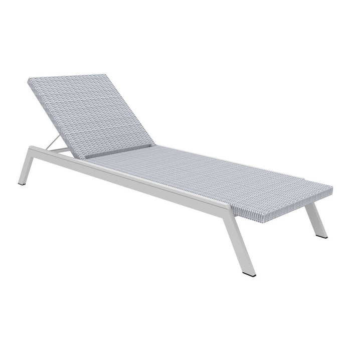 Light gray wicker-patterned reclining lounge chair with a sleek white aluminum frame. Perfect for outdoor spaces.