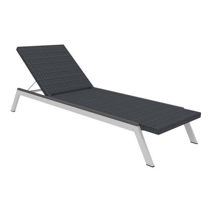 Stylish dark gray lounge chair with a sleek woven pattern and modern silver frame, perfect for outdoor relaxation.