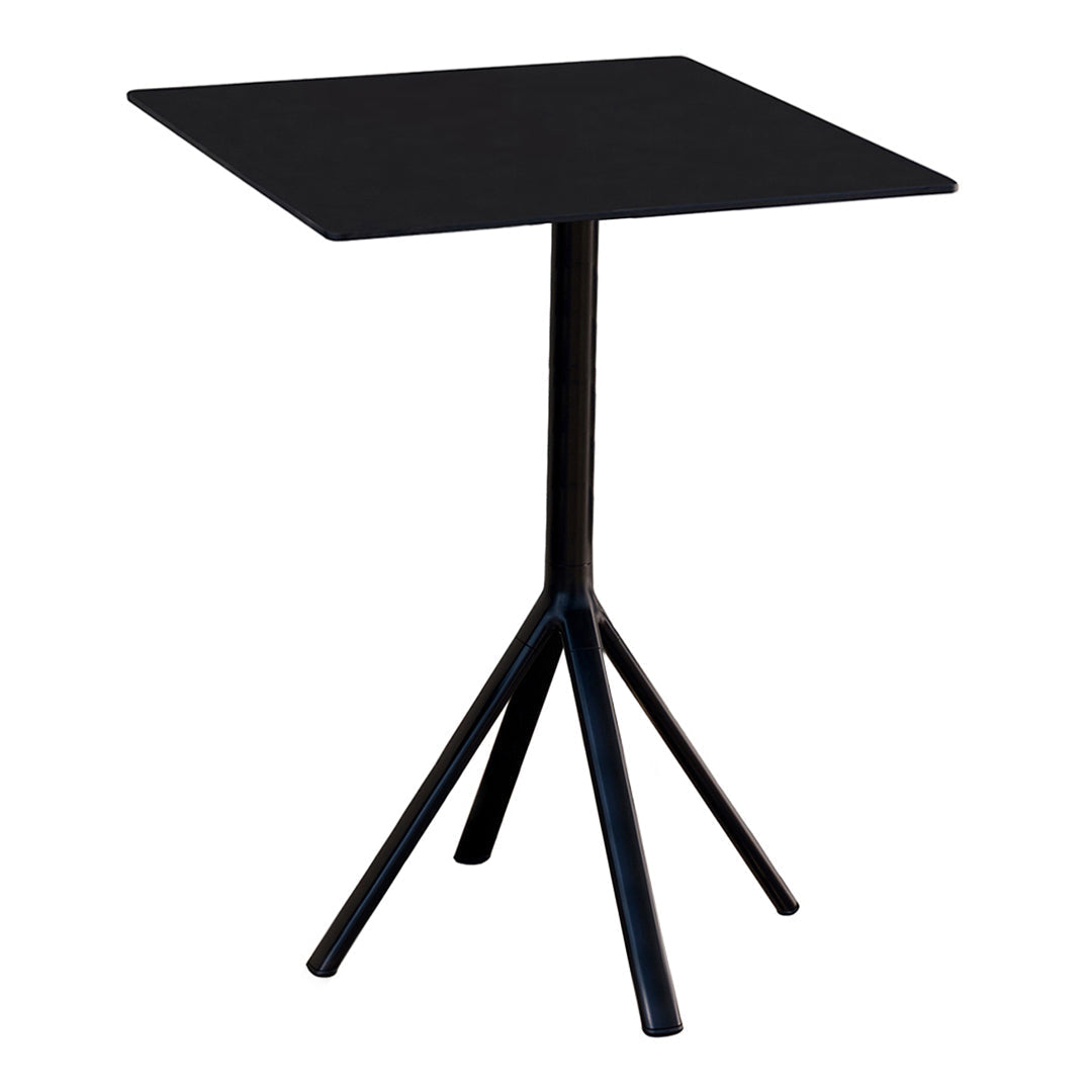 Black square table with a sleek, minimalist design and a tripod base. Perfect for modern decor.