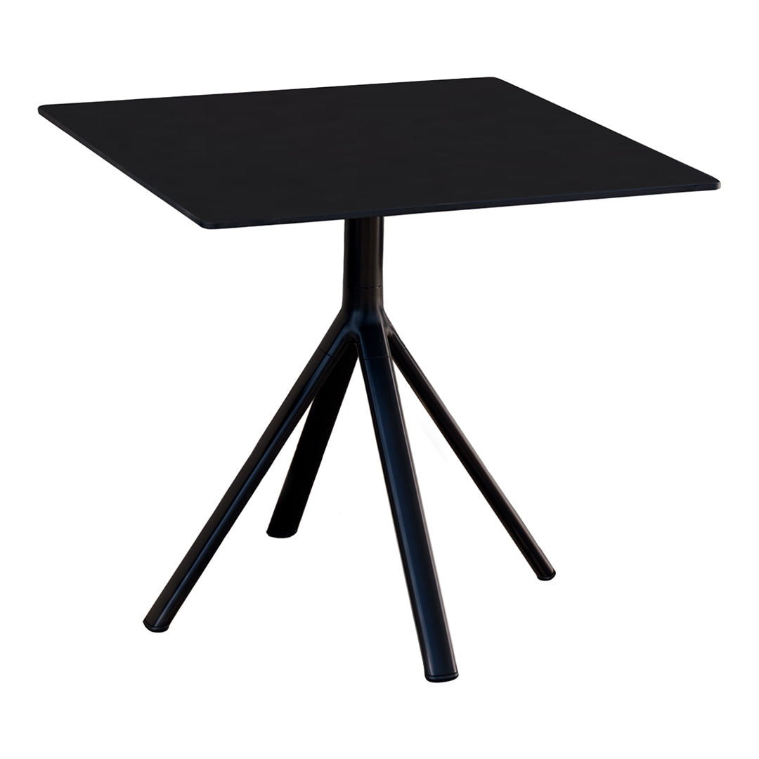 Black square side table with a sleek, minimalist design and tripod legs. Perfect for modern decor.