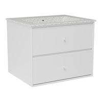 White cabinet with sleek design, featuring a speckled gray and black countertop.