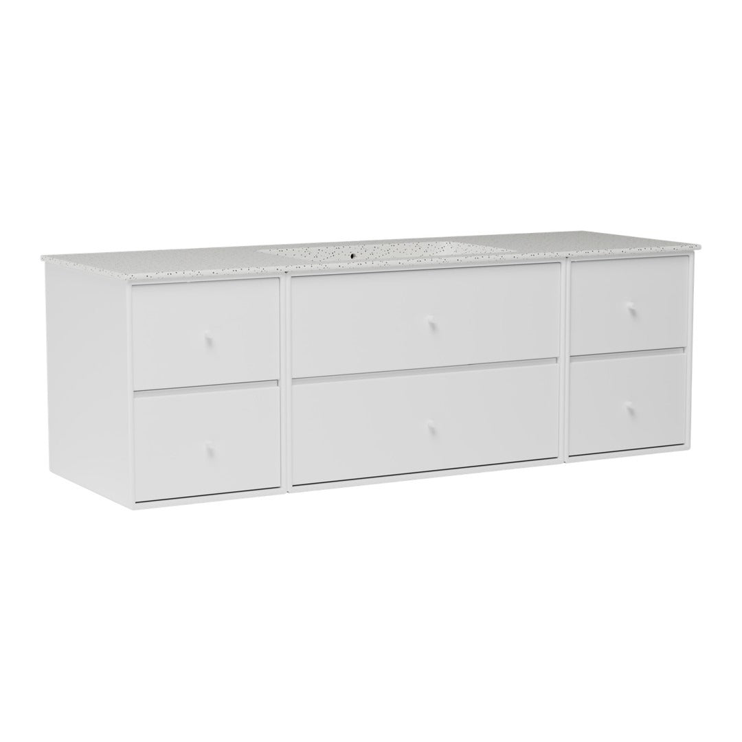 Sleek white bathroom vanity with smooth surface and minimalistic drawer design, perfect for modern decor.