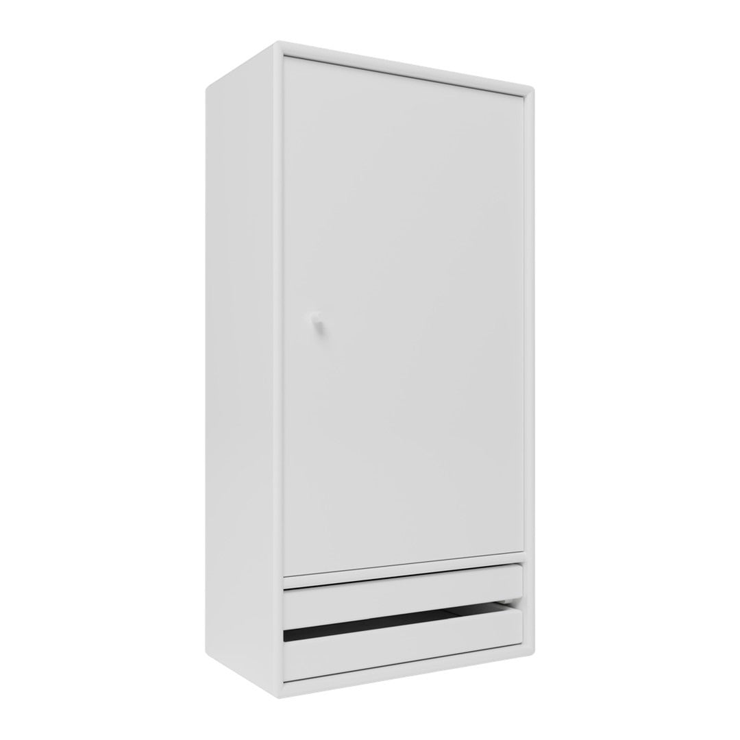 White cabinet with a sleek, minimal design and two contrasting black horizontal stripes on the bottom drawer.