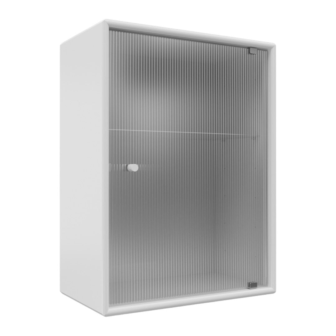 White display cabinet with a textured line pattern on the glass door for a sleek, modern look.