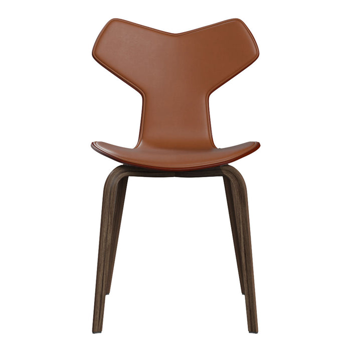 Brown leather chair with a unique Y-shaped backrest and natural wood legs, adding a modern touch to any space.