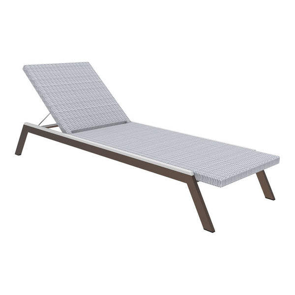 Gray woven pattern lounge chair with a sleek brown frame, perfect for outdoor relaxation.
