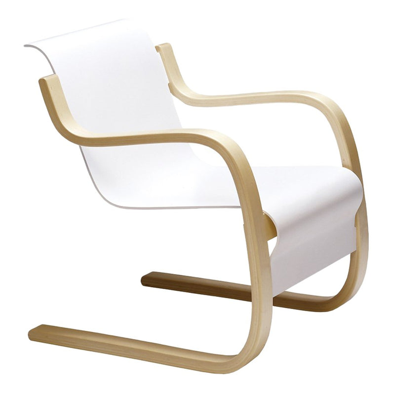Minimalist white chair with smooth curves and natural wood accents, perfect for modern decor.