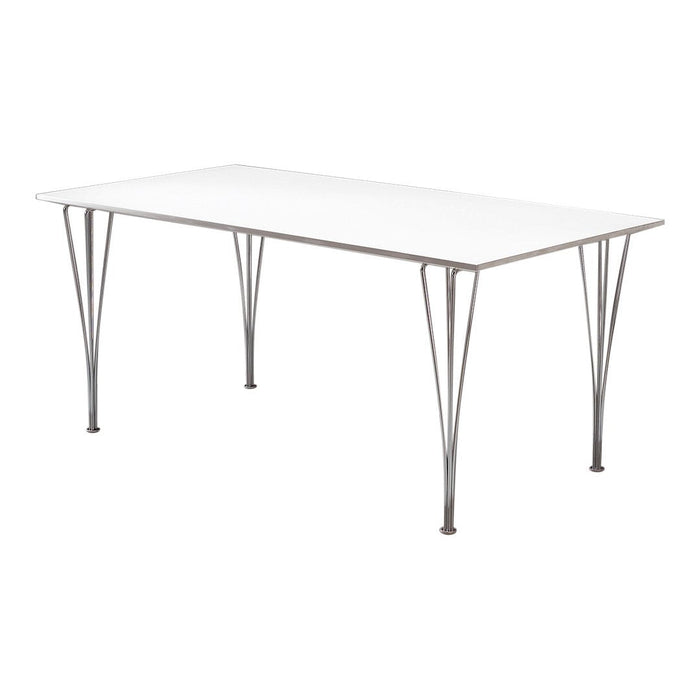 Sleek white tabletop with modern metal legs, featuring a minimalist design ideal for contemporary spaces.