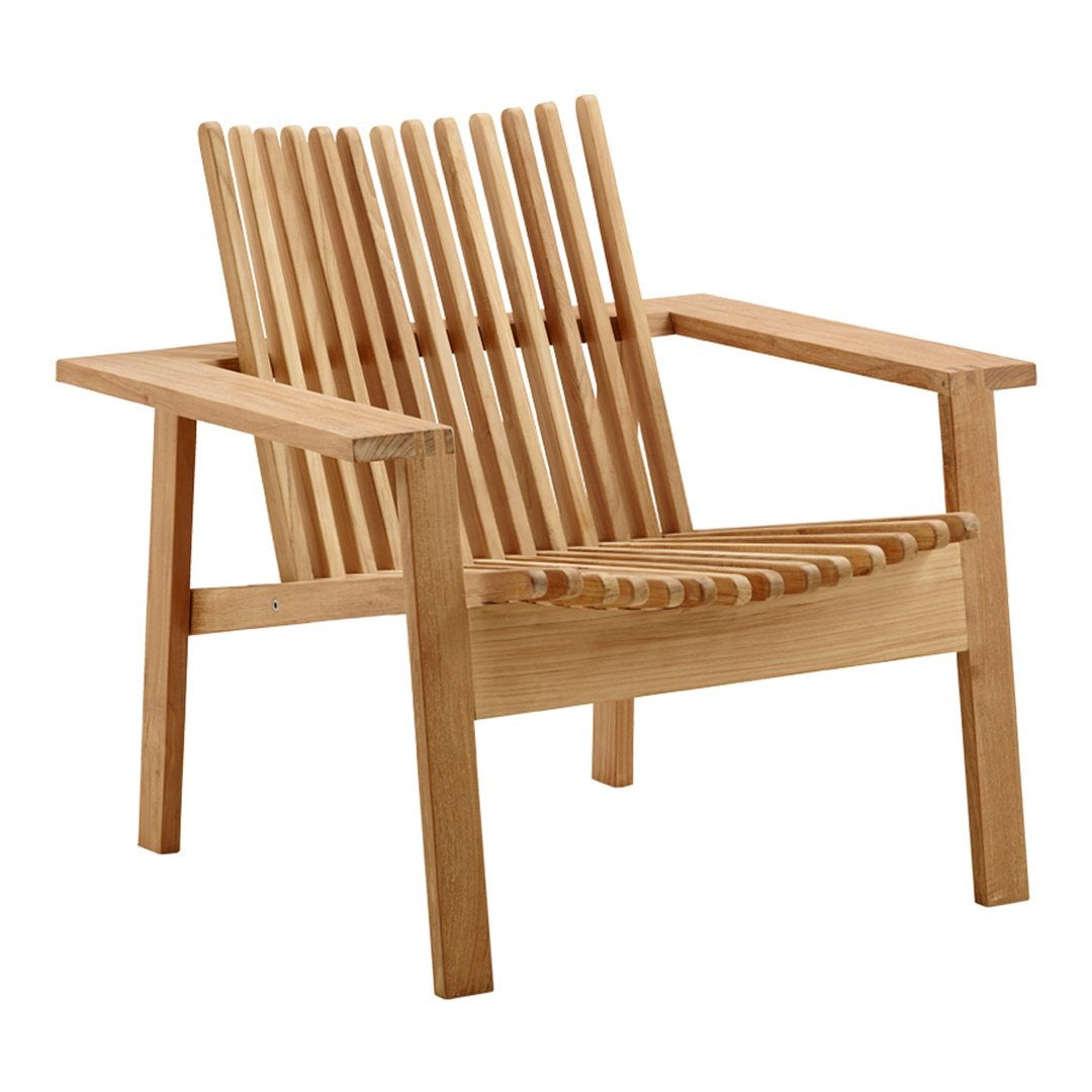 Natural wood chair with a slatted design, showcasing light brown tones and clean, minimalistic lines.