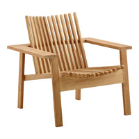 Natural wood chair with a slatted design, showcasing light brown tones and clean, minimalistic lines.