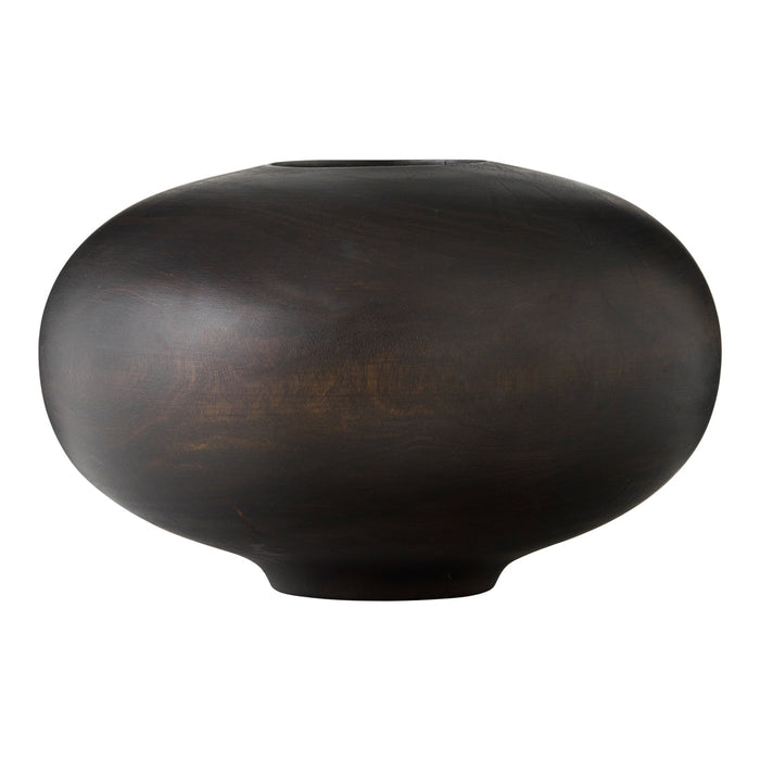 "Elegant round vase in dark brown with a smooth, matte finish, featuring subtle light wood grain patterns."