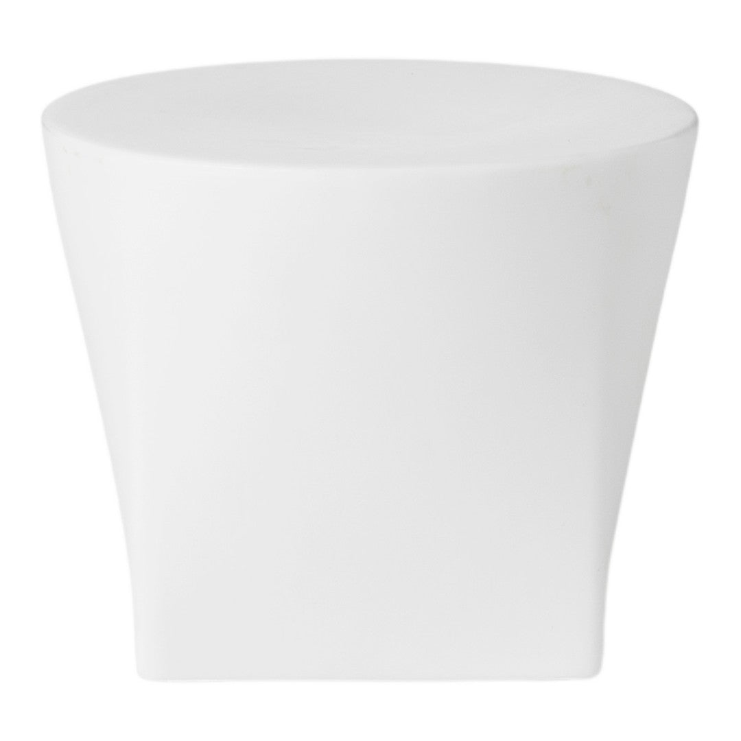 White ceramic table with a smooth, glossy finish and a modern tapered design. Perfect for minimalist decor.