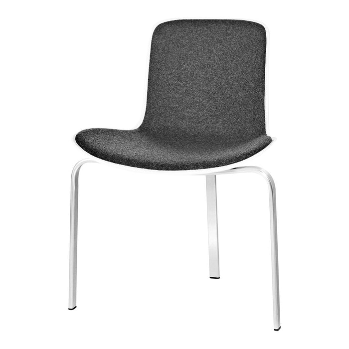 Gray upholstered chair with smooth, curved lines and shiny chrome legs. Modern design perfect for any space.