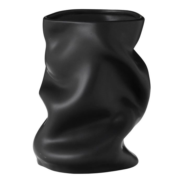 Matte black decorative vase with a unique crumpled pattern and fluid curves, adding a modern touch to any space.