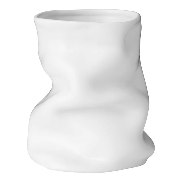 Curvy white ceramic vase with a glossy finish and smooth surface, showcasing an artistic, modern design.