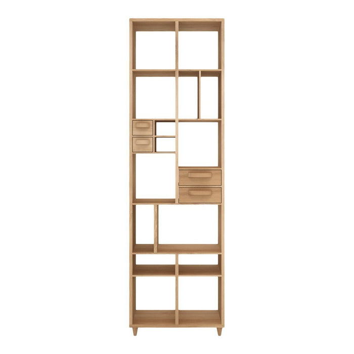 Light wood bookshelf featuring a modern geometric design with multiple open and closed compartments.