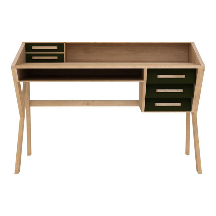 Natural wood desk with green drawer fronts and sleek, modern lines. Perfect blend of elegance and functionality.