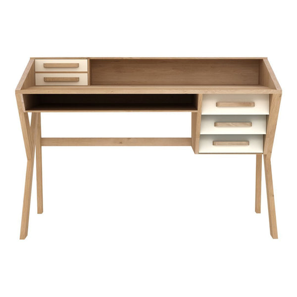 Light wood desk with white accents and minimalist design, featuring a smooth finish and sleek modern lines.
