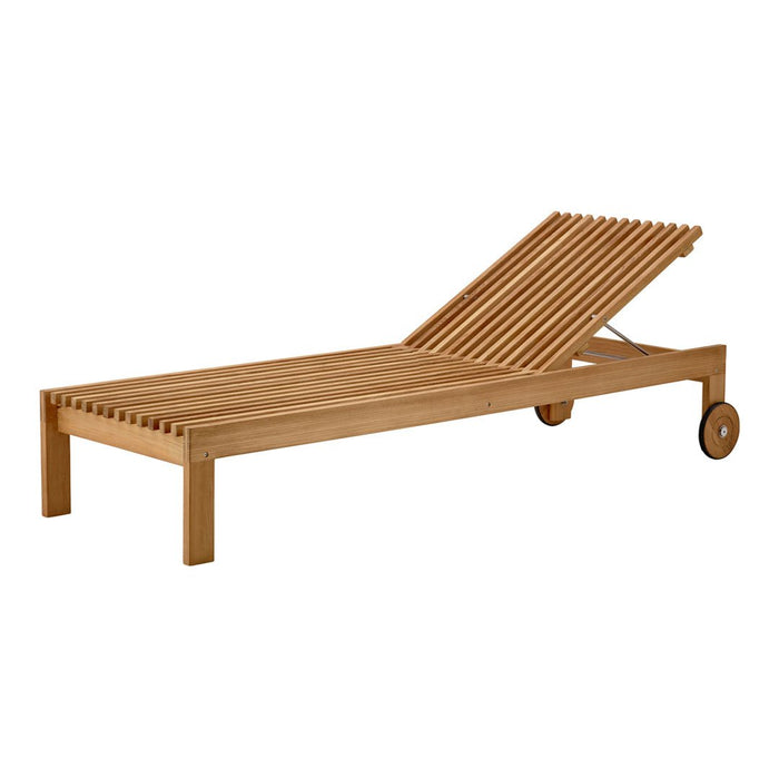Natural wood-tone lounger with slatted design and smooth finish, complemented by simple wheels for easy mobility.
