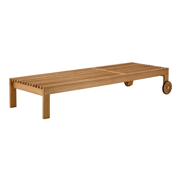 Natural wood slat design in warm brown tones with smooth finish and round wheels for easy mobility.