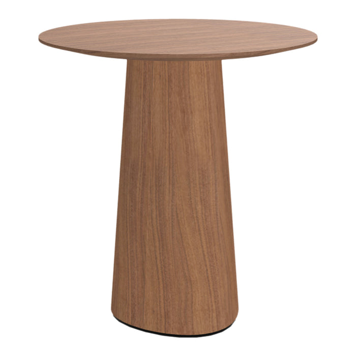 Brown walnut finish table with a smooth round top and tapered base, showcasing natural wood patterns.