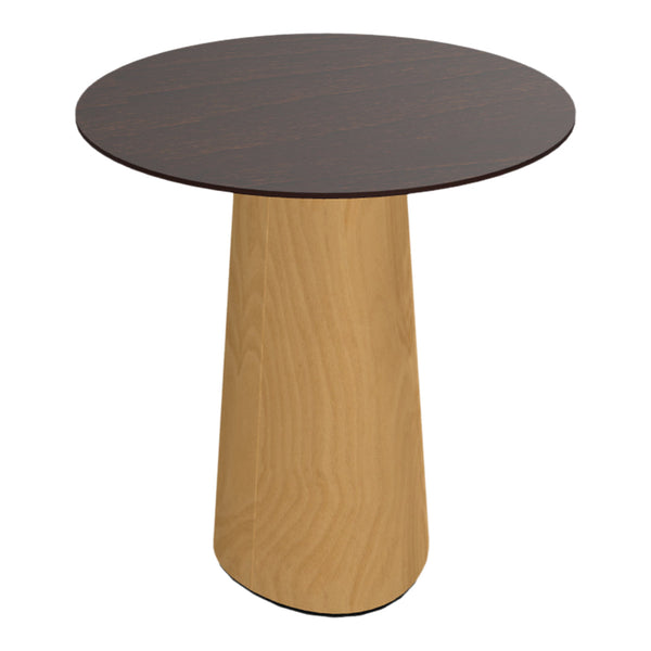 Dark brown round tabletop with a light natural wood cone pedestal, featuring smooth grain patterns.