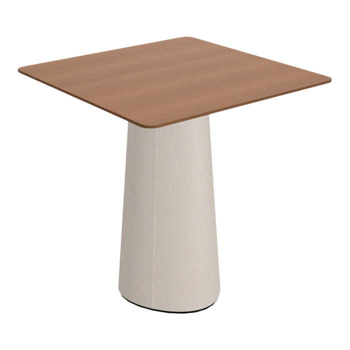 Square table with a sleek brown wood top and a modern white base, featuring a smooth finish. Perfect for contemporary decor.
