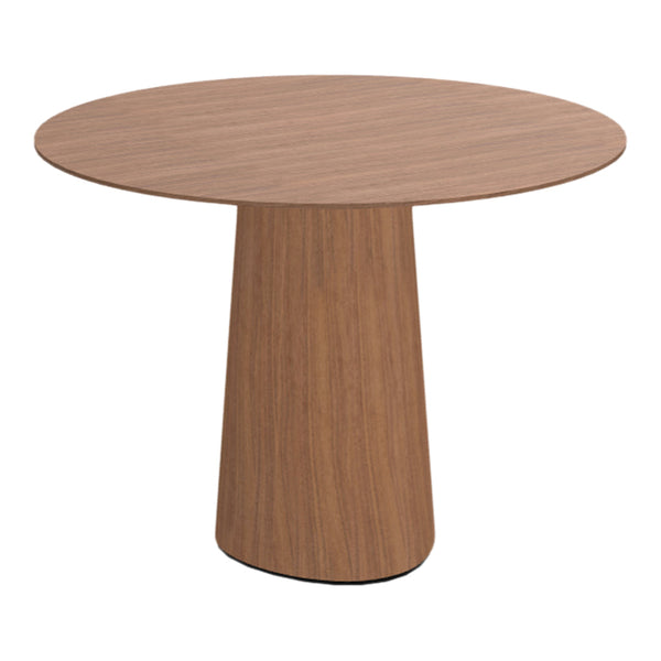 Round wooden table featuring a rich walnut finish and a sleek, modern design with natural wood grain patterns.