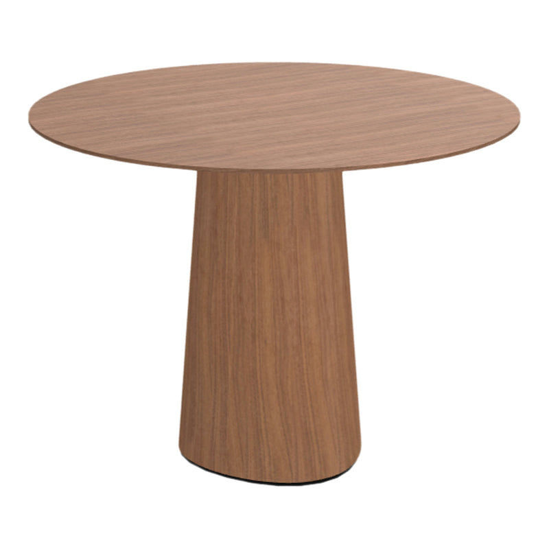 Round wooden table featuring a rich walnut finish and a sleek, modern design with natural wood grain patterns.