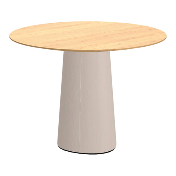 Round table with a natural wood top and a smooth, light beige base. Modern design with minimalist colors and textures.