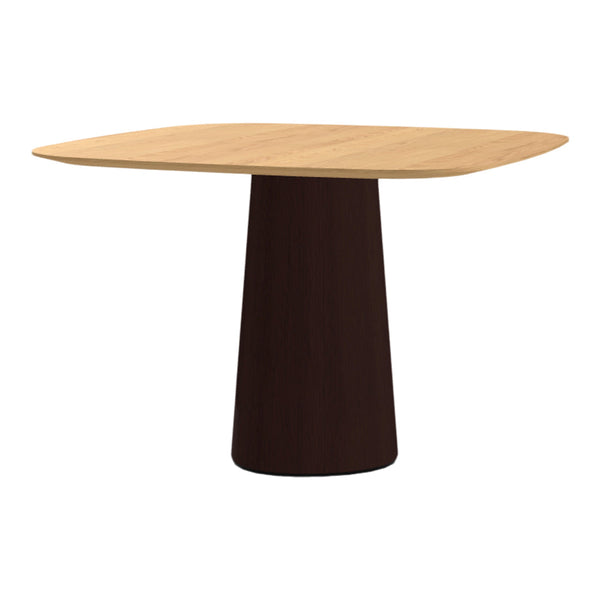 Modern square table with a light wood top and dark brown tapered pedestal base.