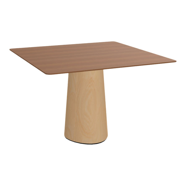 Square wooden table with a rich brown top and a light beige cylindrical base, showcasing natural wood grain patterns.
