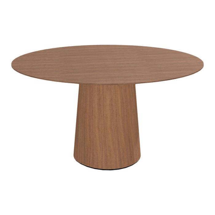 Round wooden table with a smooth, light brown finish and a subtle wood grain pattern. Ideal for modern decor.