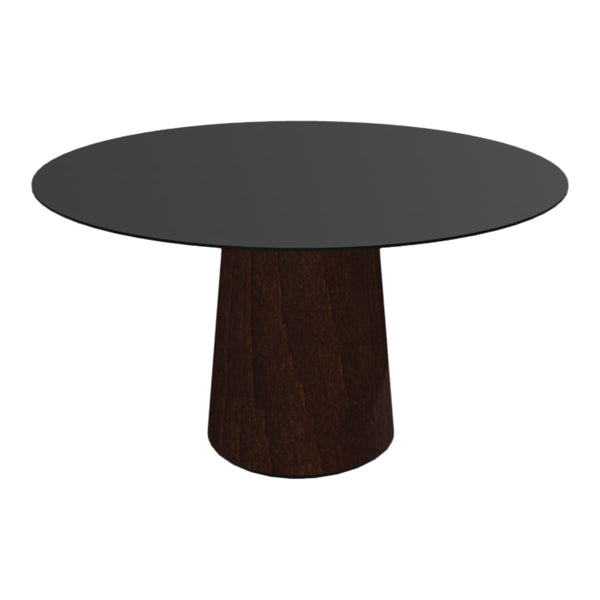Round black tabletop with a dark wood base, showcasing a modern and sleek design. Ideal for contemporary interiors.